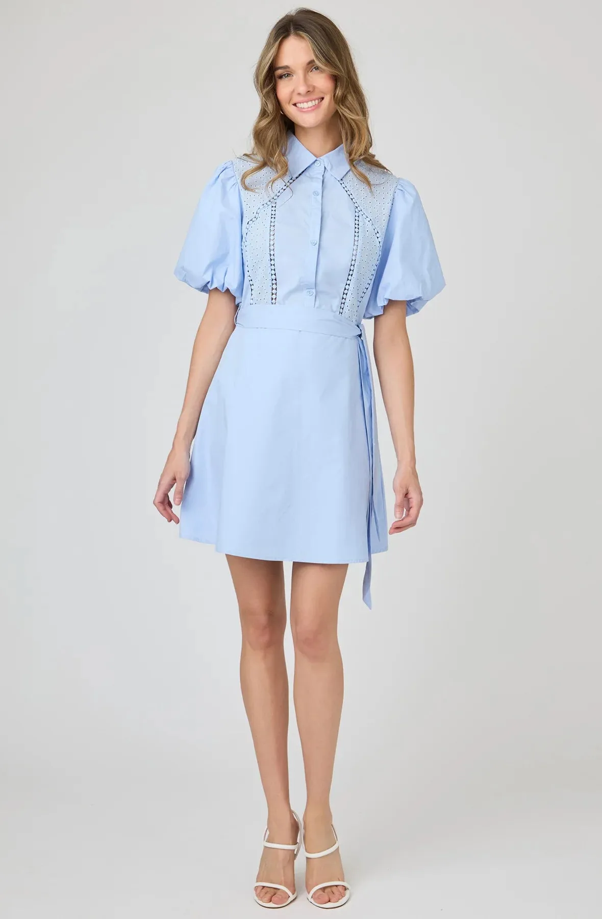 Shirt Dress Eyelet Detail Puff Sleeve