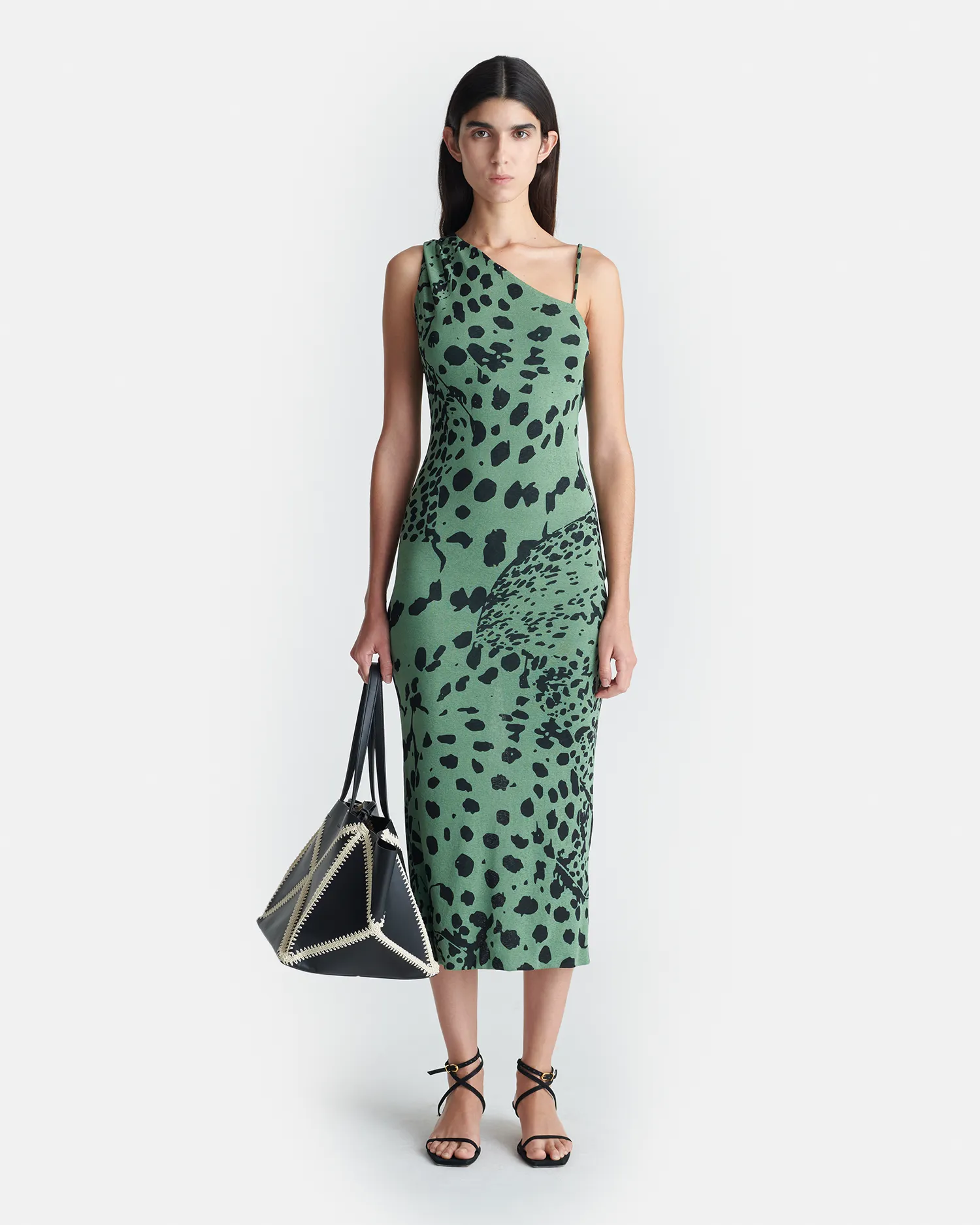 Sigita - Asymmetric Mesh Jersey Midi Dress - Cheetah Green
