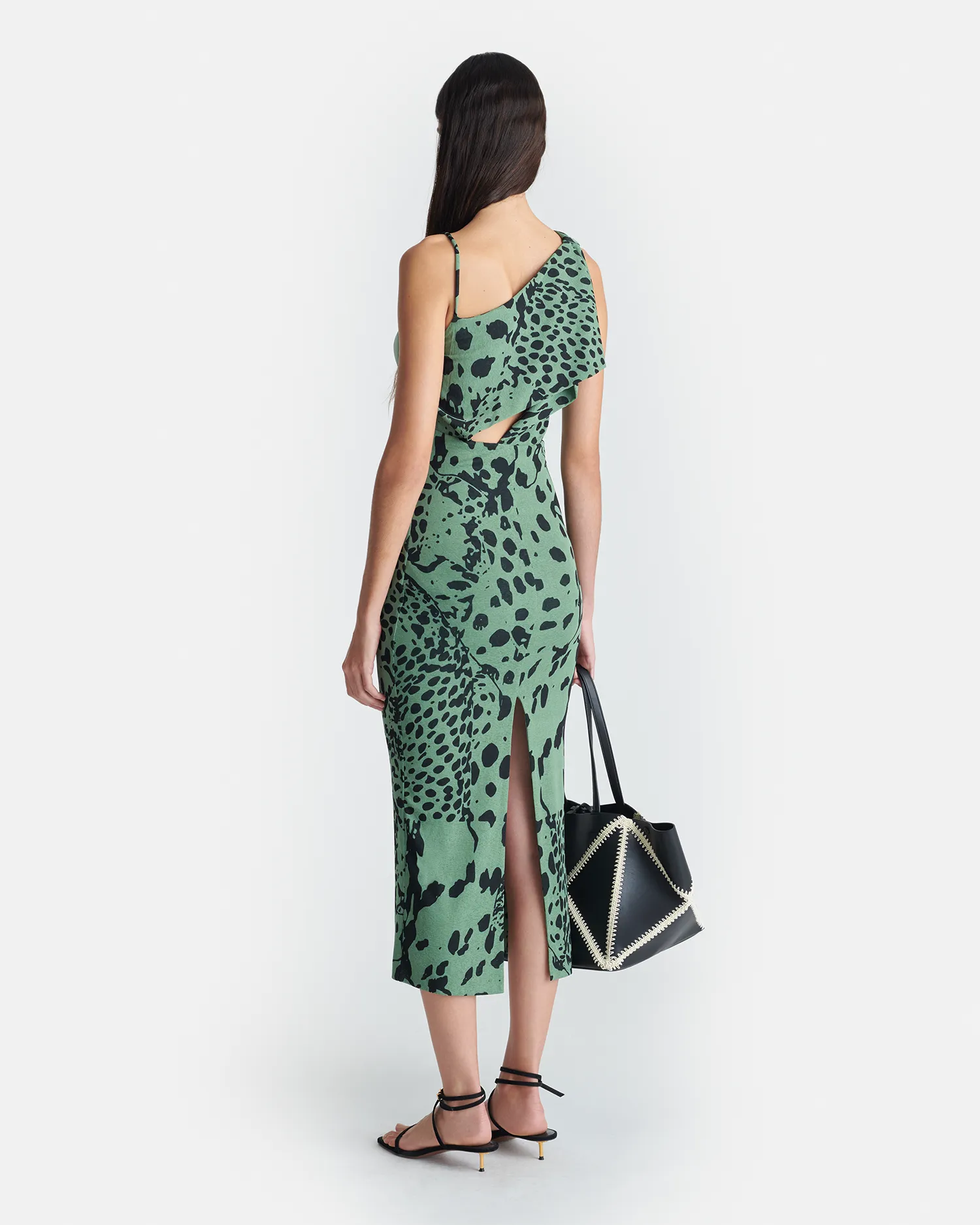 Sigita - Asymmetric Mesh Jersey Midi Dress - Cheetah Green