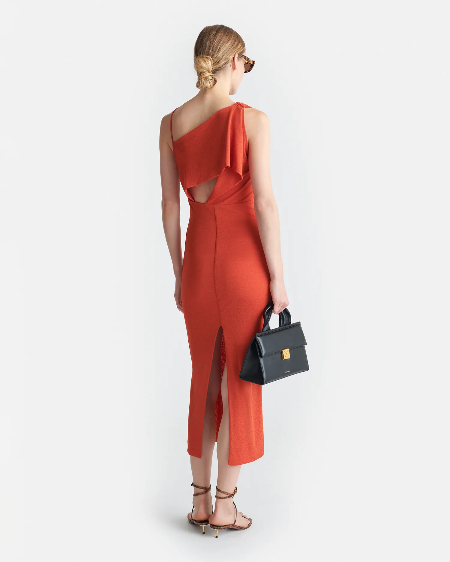 Sigita - Asymmetric Mesh Jersey Midi Dress - Red Orange
