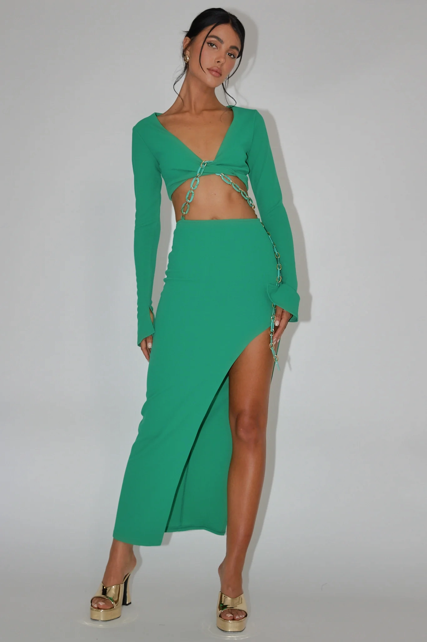 Sigournie Long Sleeve Chain Midi Dress Green