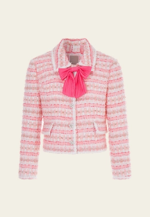 Stripe Tweed Pussy-bow Cropped Jacket