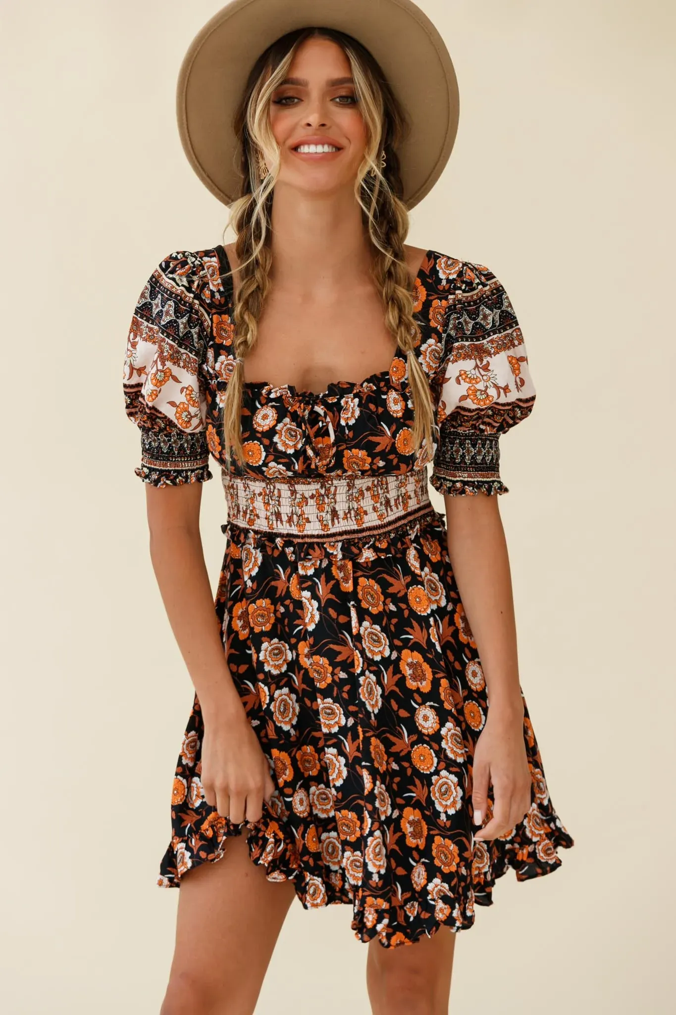 Summer In Paris Puff Sleeve Open Back Dress Floral Print Black Multi