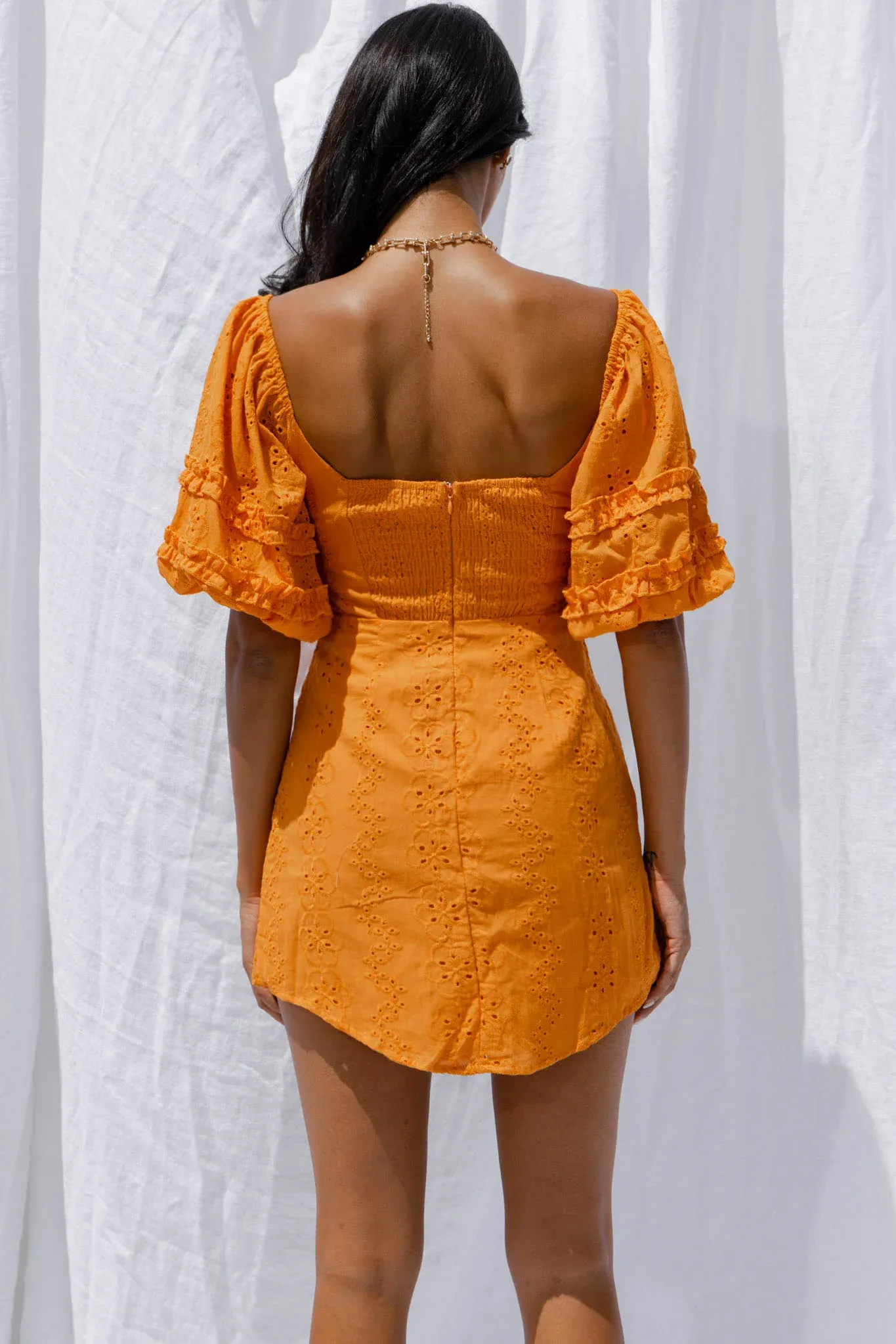 Sweet Romance Puff Sleeve Eyelet Mini Dress Sunset