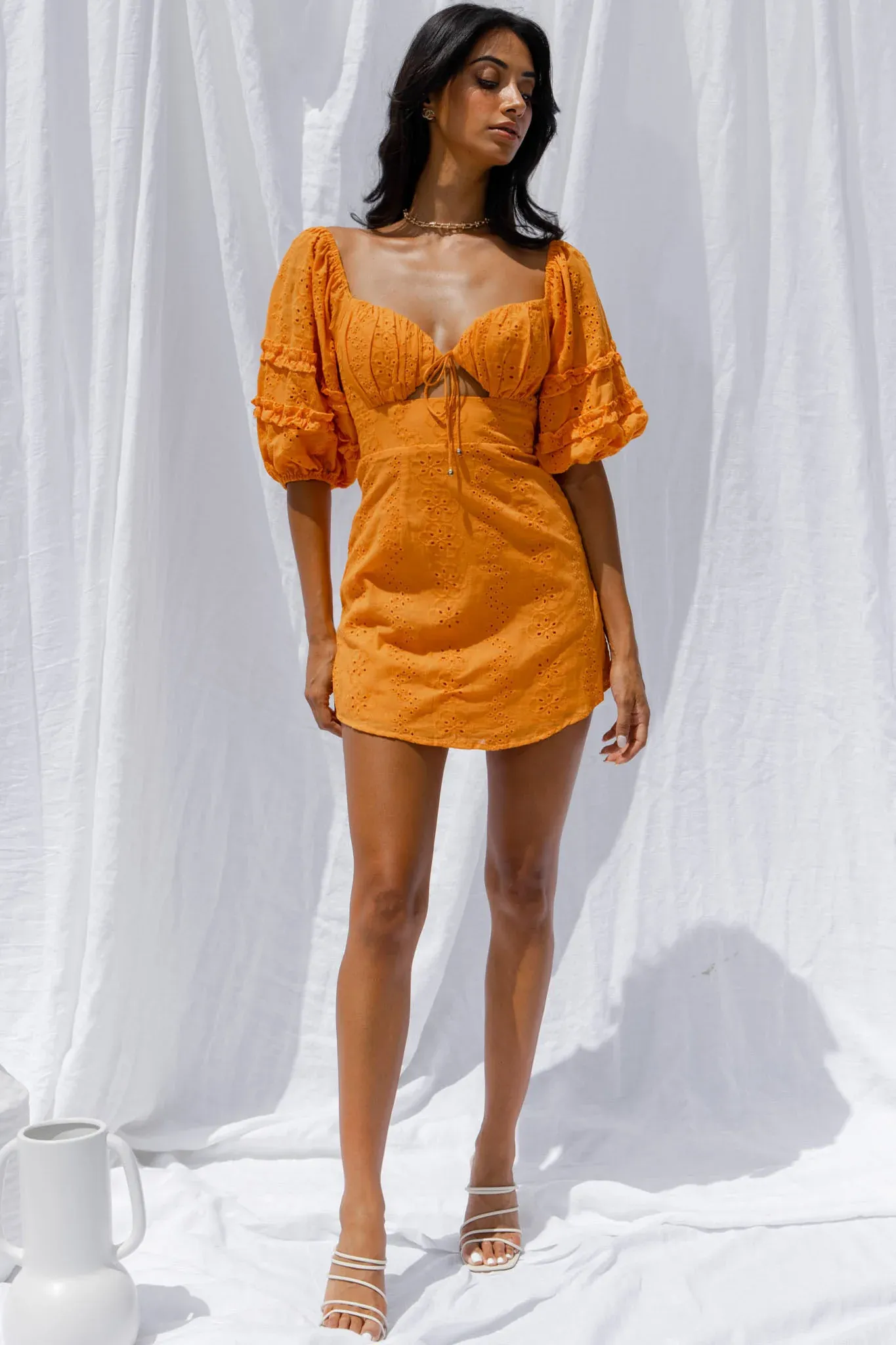 Sweet Romance Puff Sleeve Eyelet Mini Dress Sunset