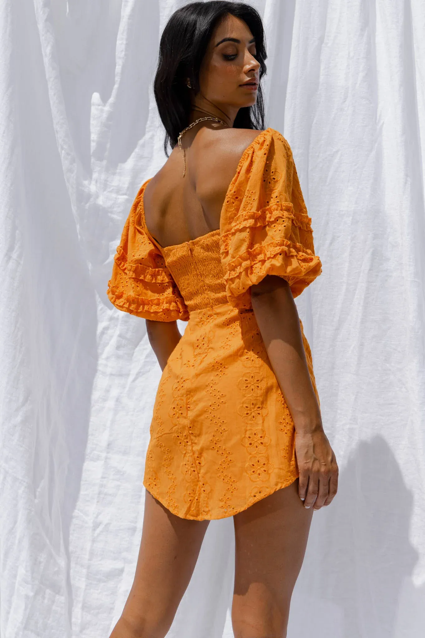Sweet Romance Puff Sleeve Eyelet Mini Dress Sunset