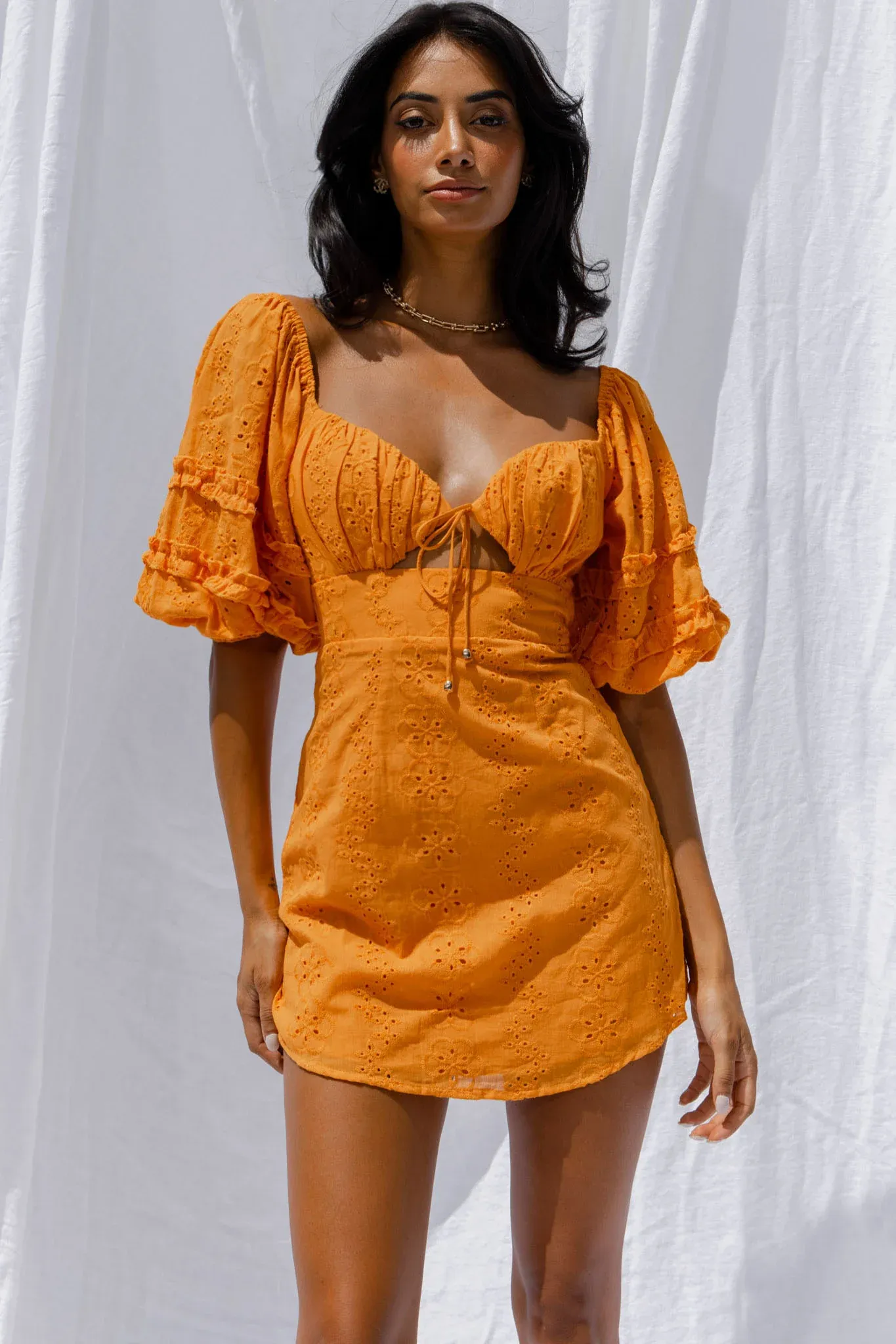 Sweet Romance Puff Sleeve Eyelet Mini Dress Sunset