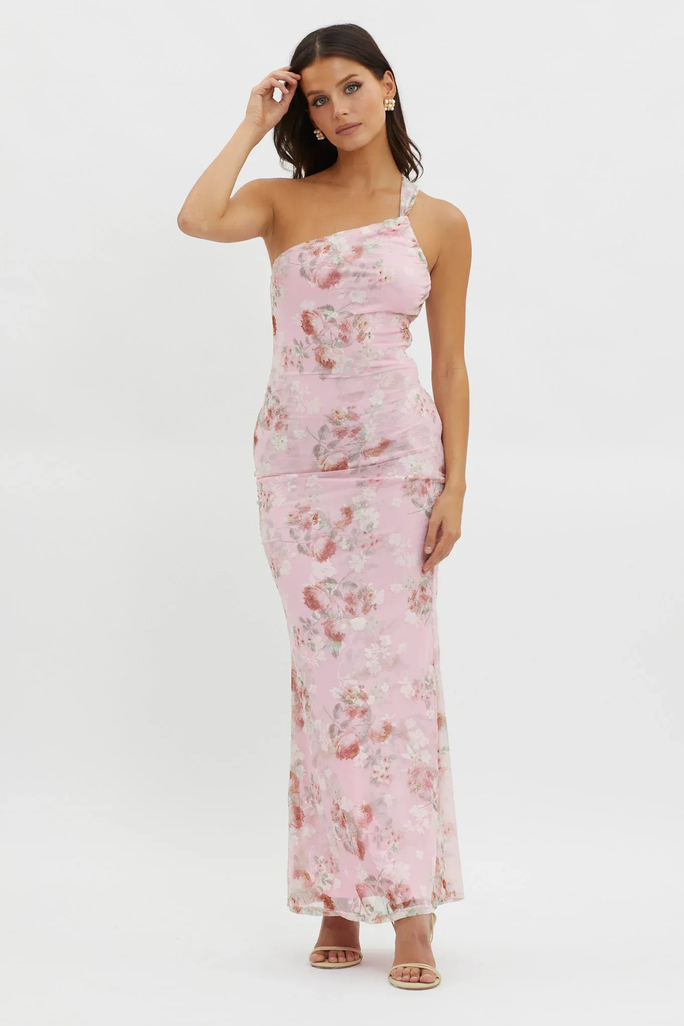 Tatum One-Shoulder Mesh Maxi Dress Pink