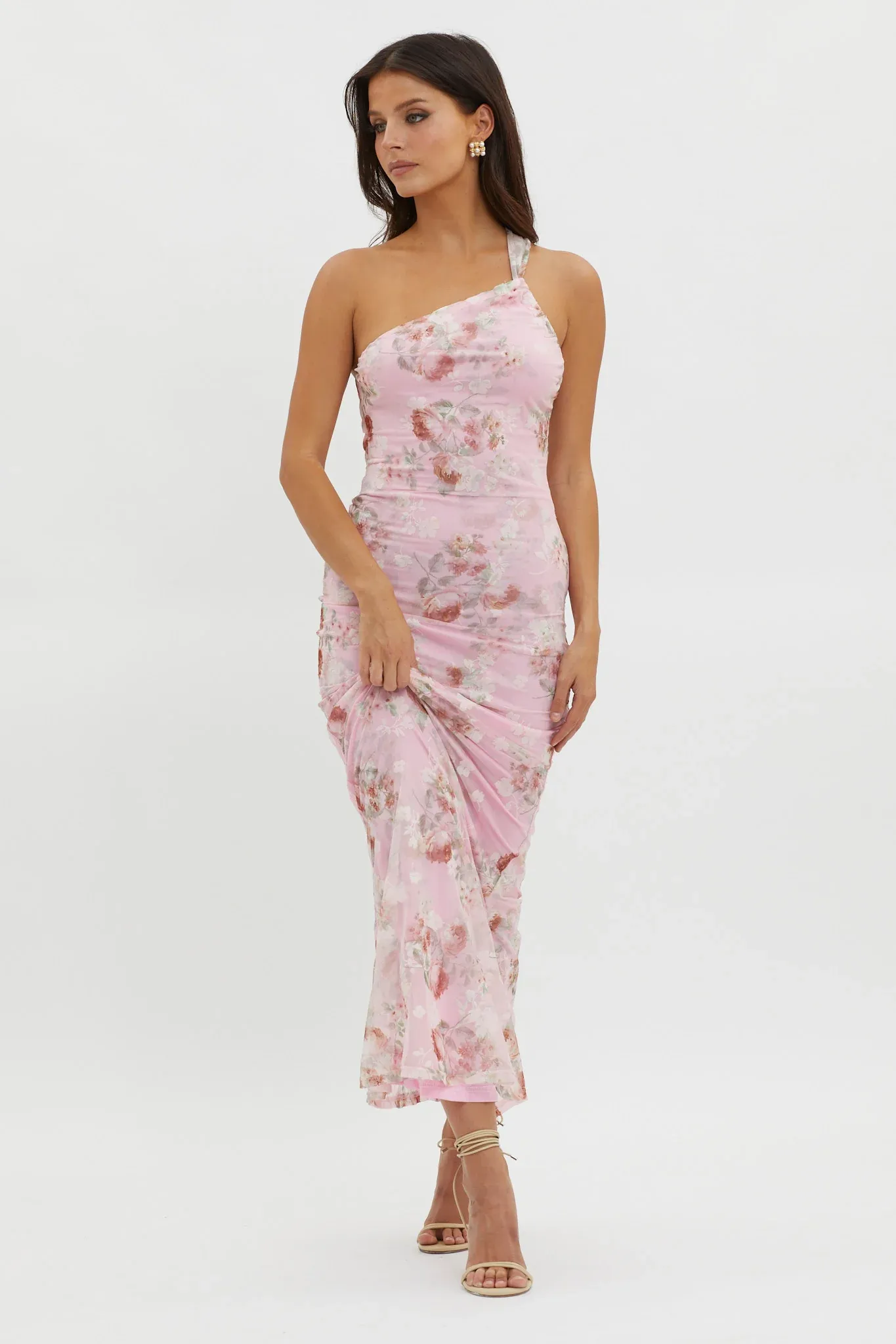 Tatum One-Shoulder Mesh Maxi Dress Pink