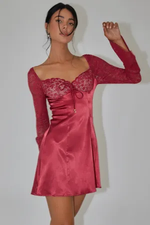 Ti Amo Lace Bust Long Sleeve Mini Dress Wine