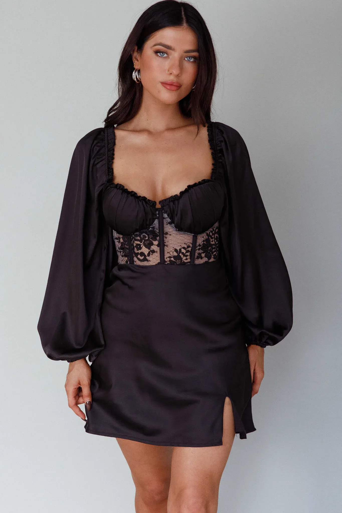 Trophy Long Sleeve Lace Bodice Mini Dress Black