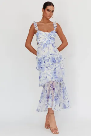 Veda Strappy Back Ruffle Maxi Dress Flowers Blue
