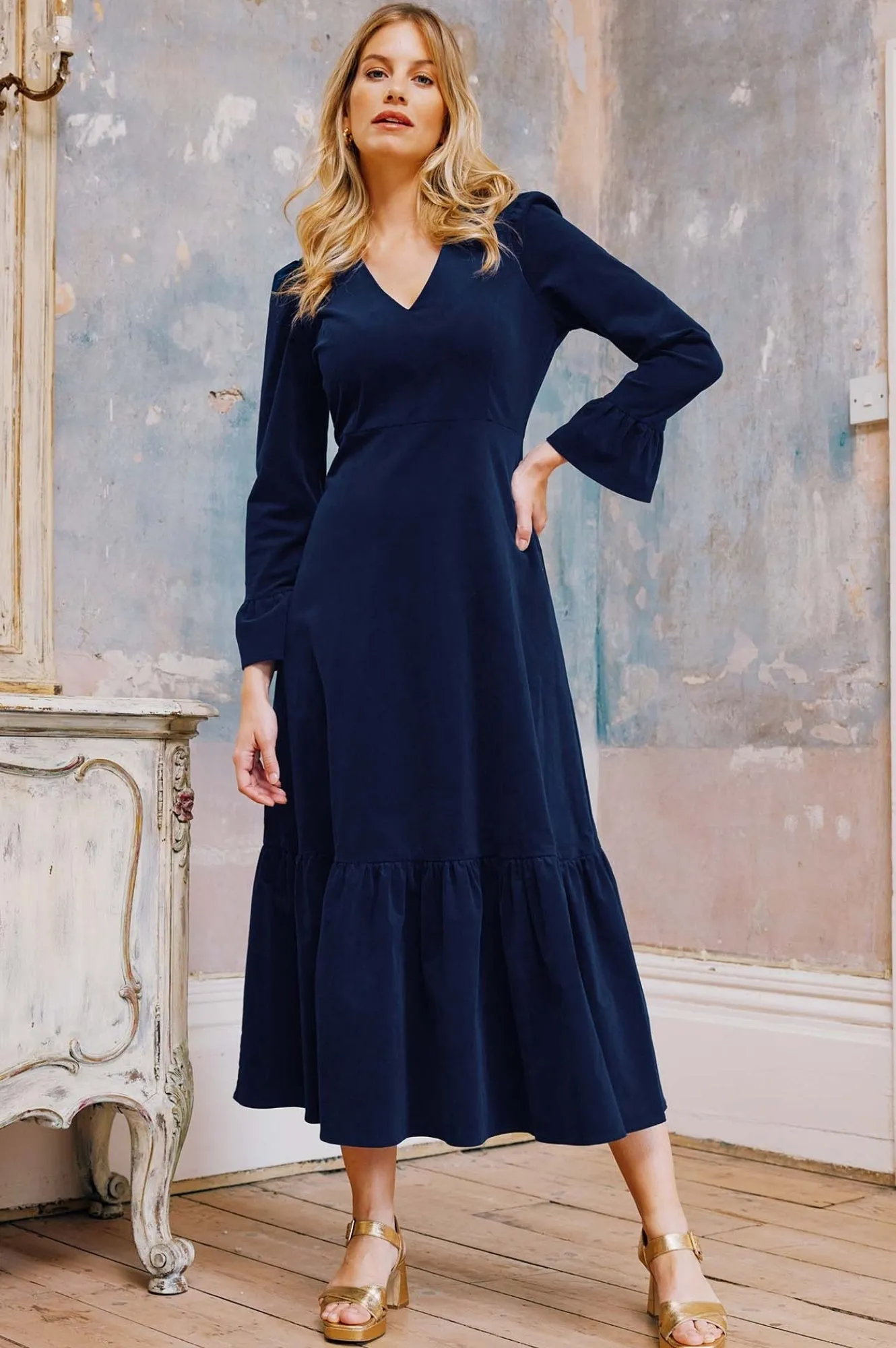 Victoria V-Neck Long Sleeve Stretch Corduroy Dress | Atlantic Blue