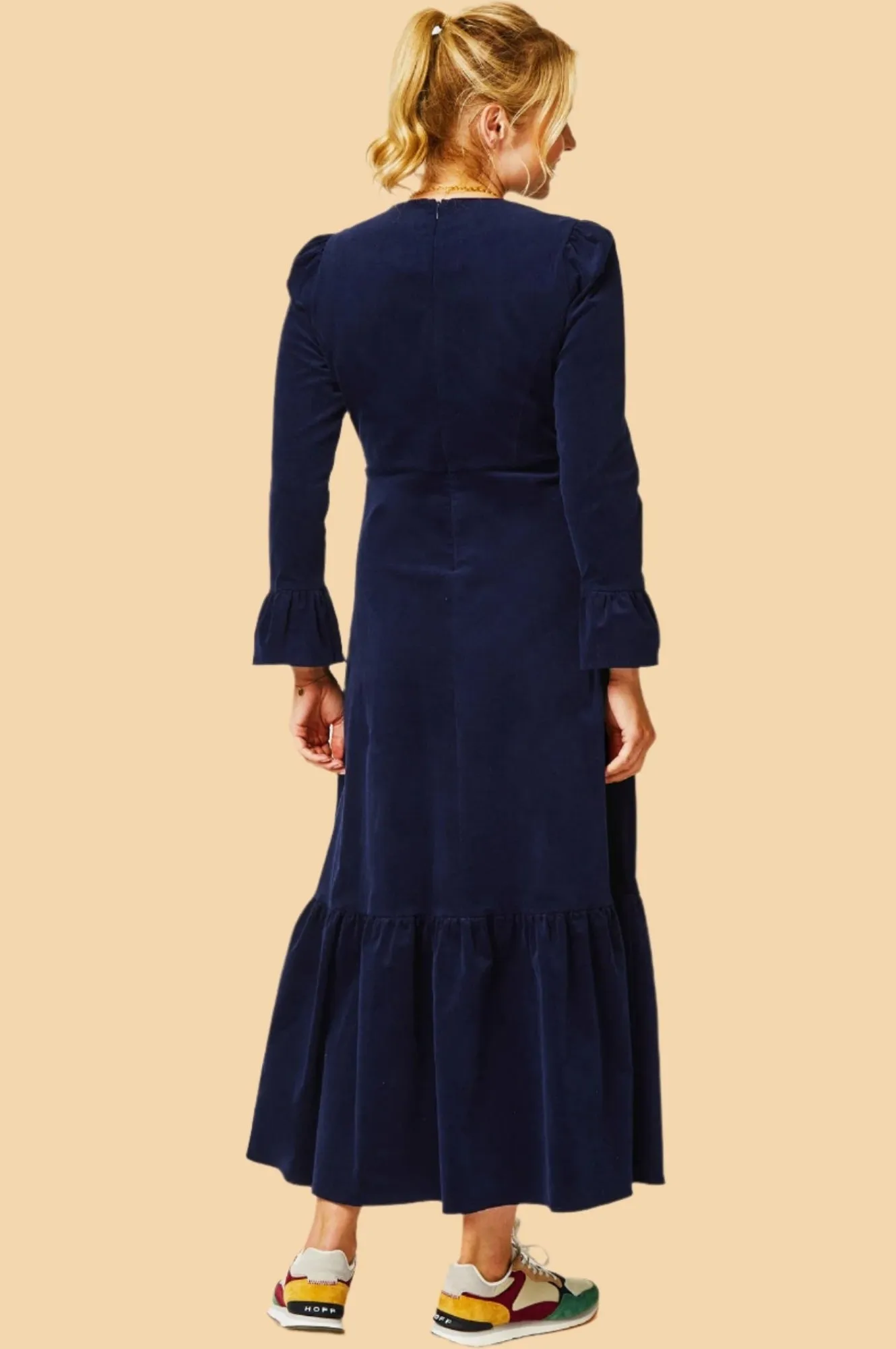 Victoria V-Neck Long Sleeve Stretch Corduroy Dress | Atlantic Blue