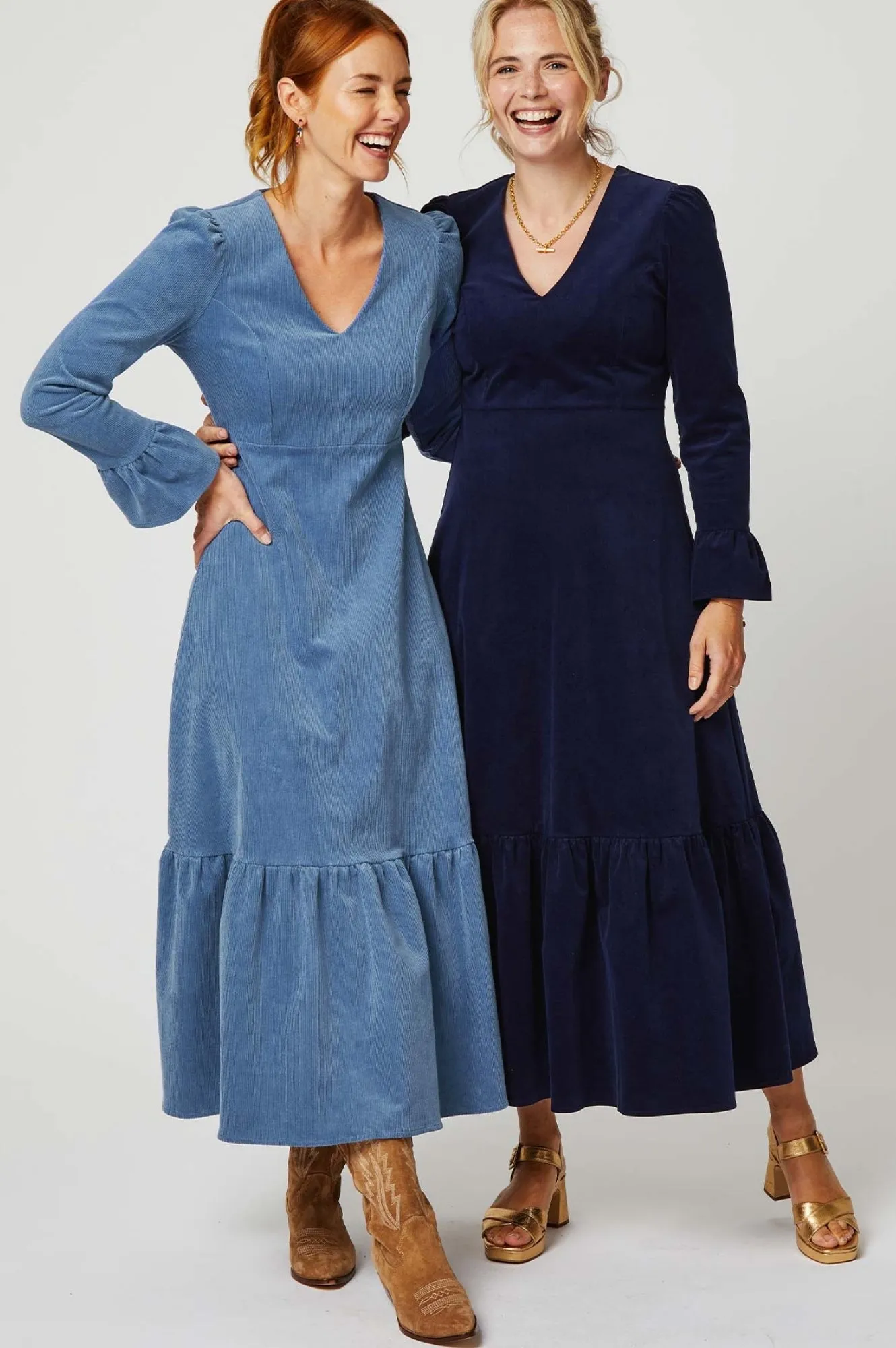 Victoria V-Neck Long Sleeve Stretch Corduroy Dress | Atlantic Blue