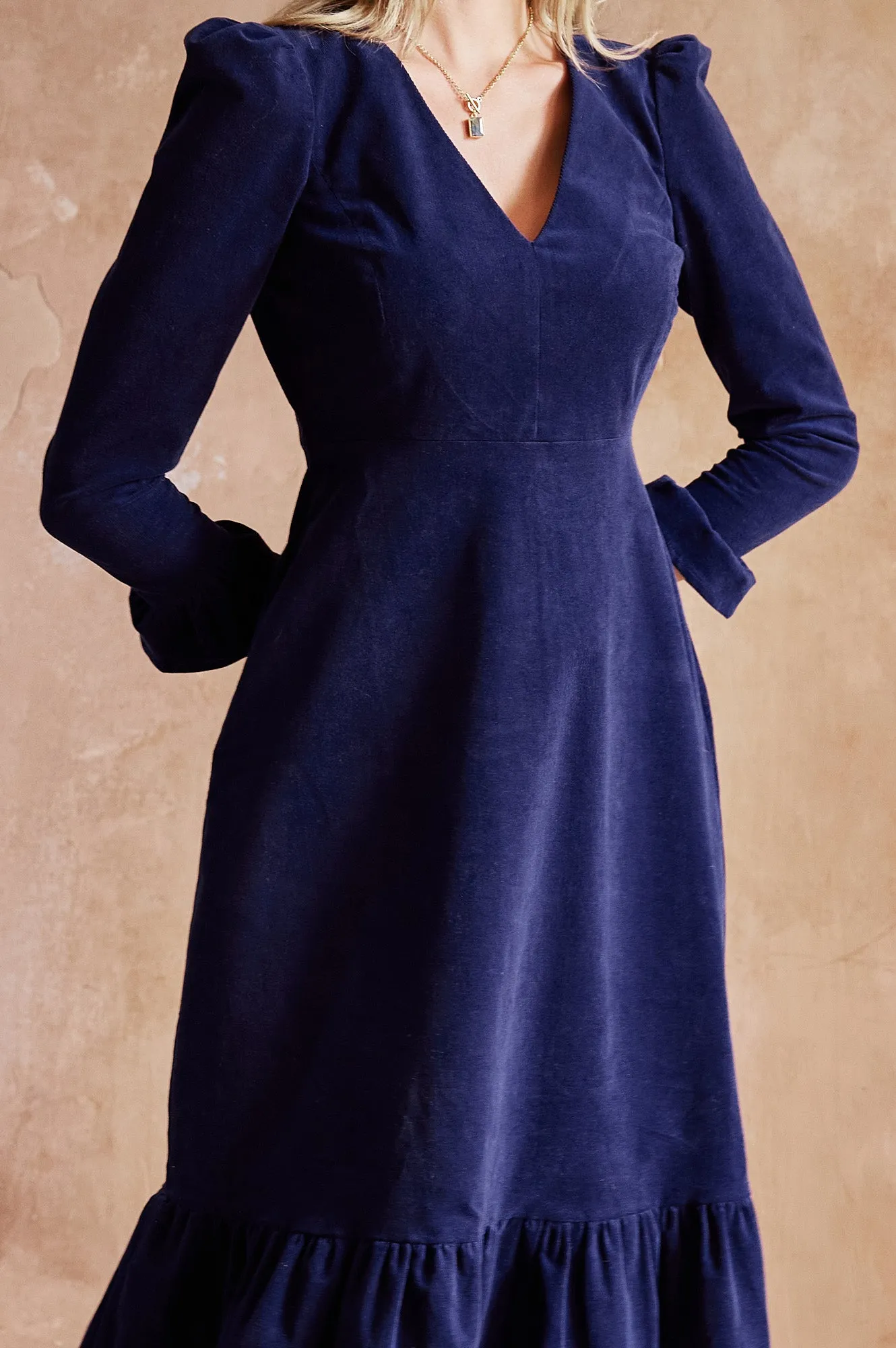 Victoria V-Neck Long Sleeve Stretch Corduroy Dress | Atlantic Blue