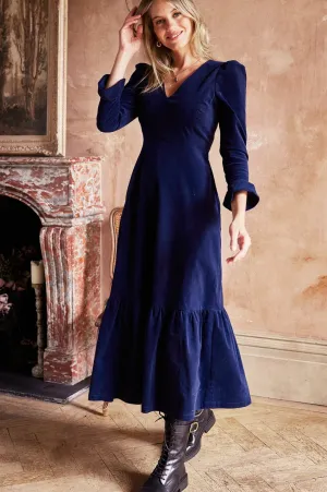 Victoria V-Neck Long Sleeve Stretch Corduroy Dress | Atlantic Blue