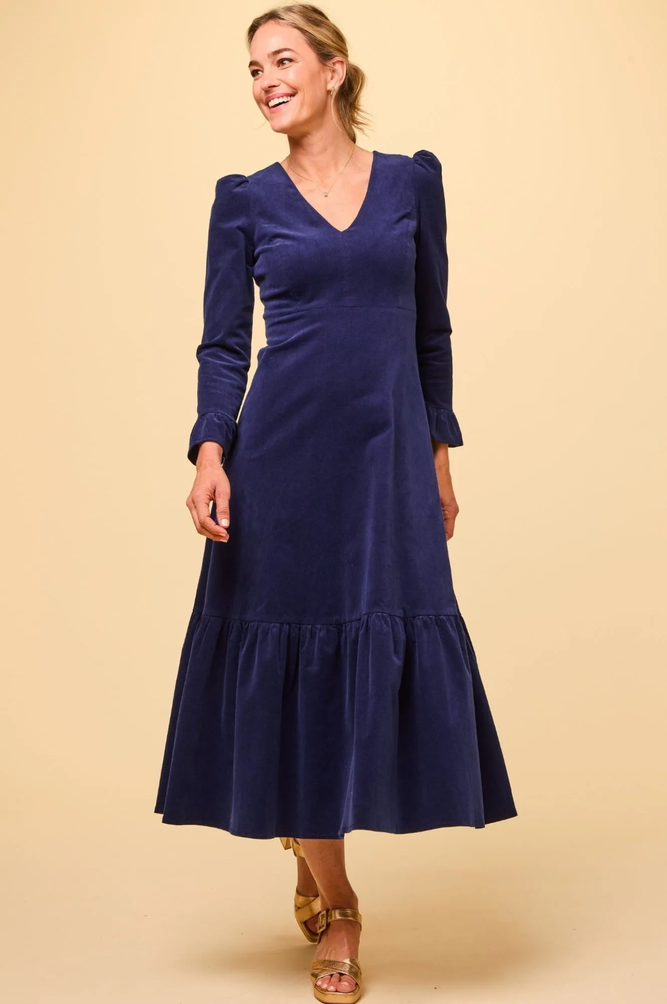 Victoria V-Neck Long Sleeve Stretch Corduroy Dress | Atlantic Blue
