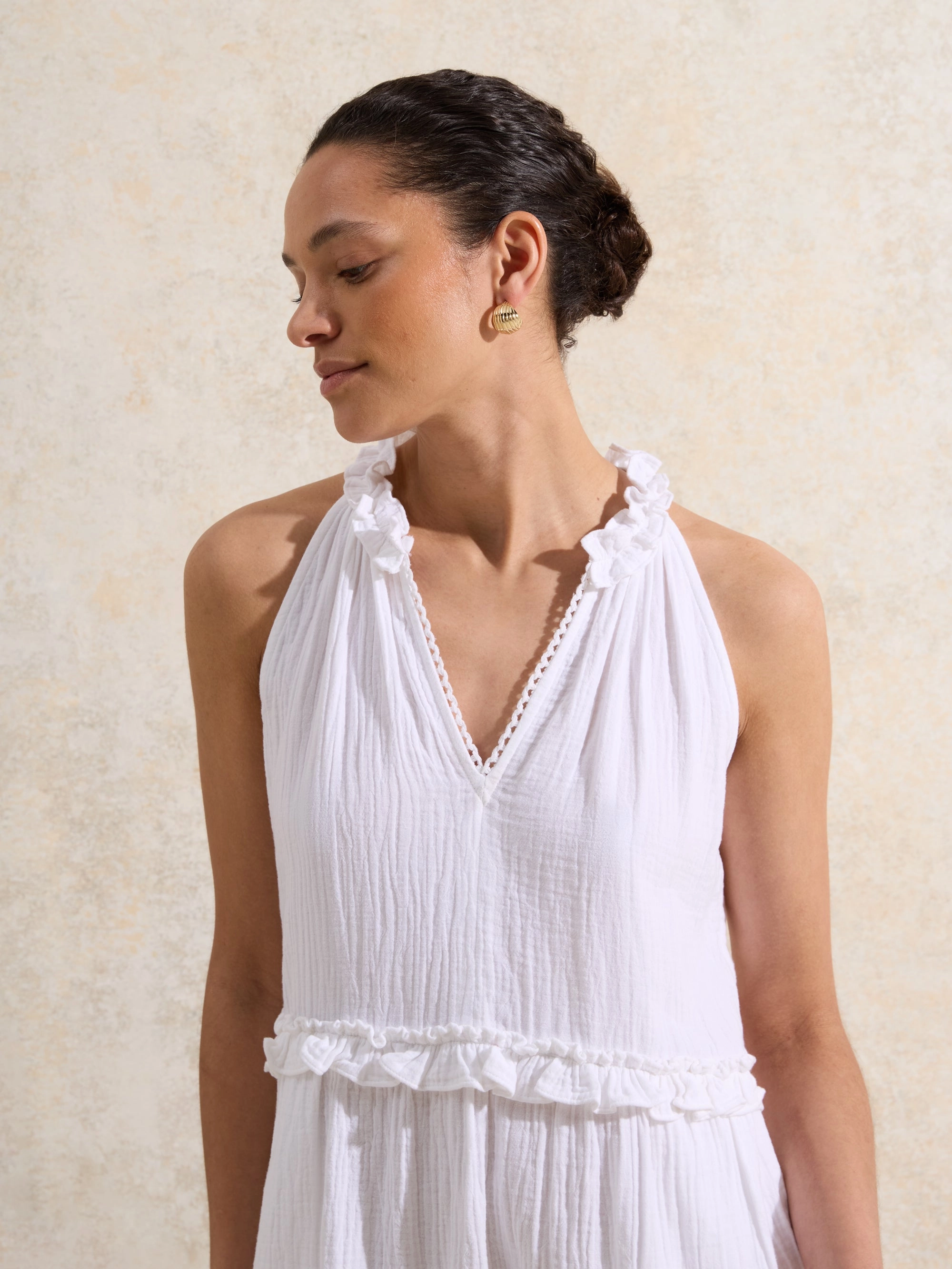 White Frill-Detail Halterneck Cheesecloth Mini Dress