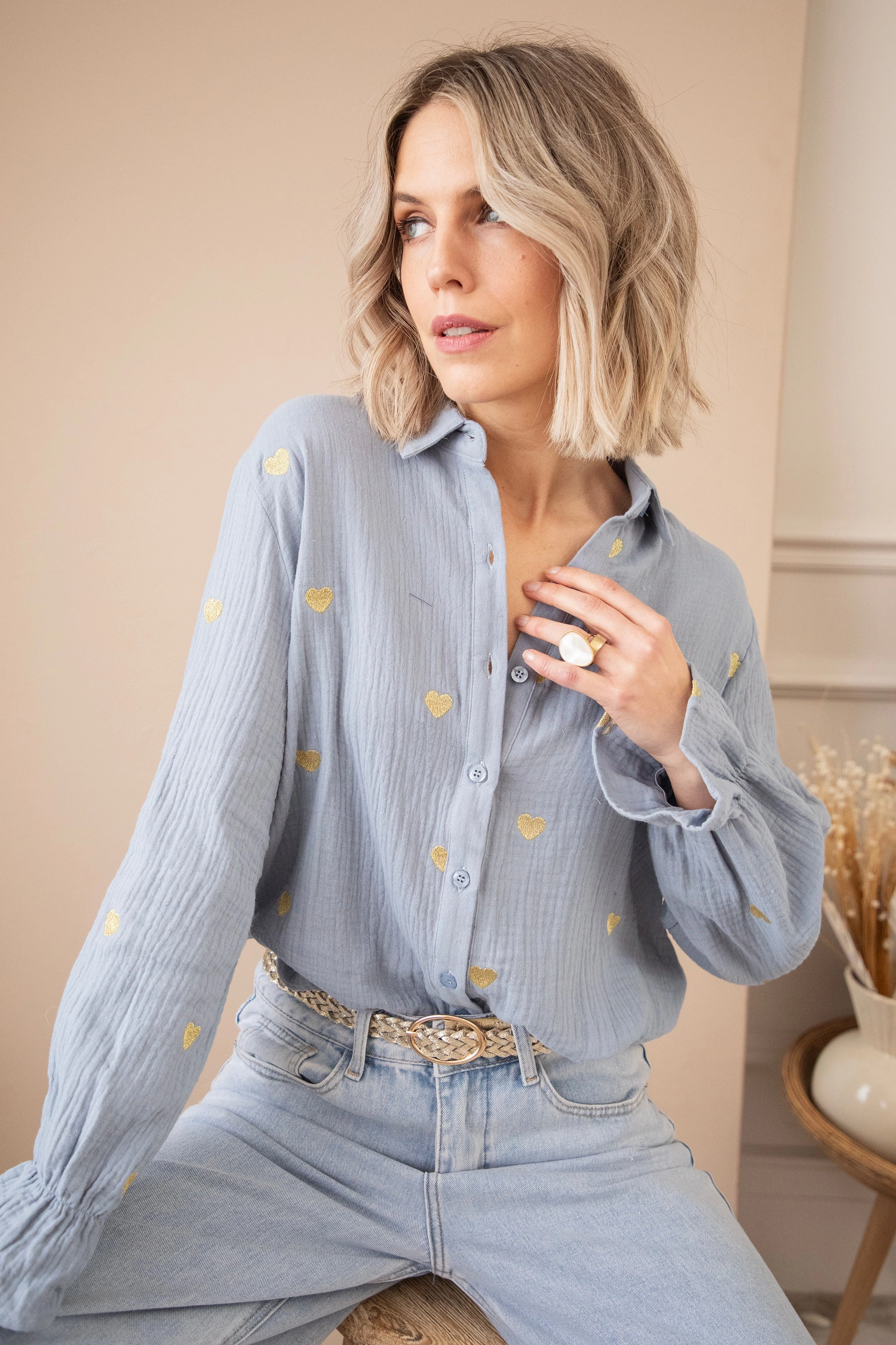 With All My Heart Dusty Blue/Gold - Blouse